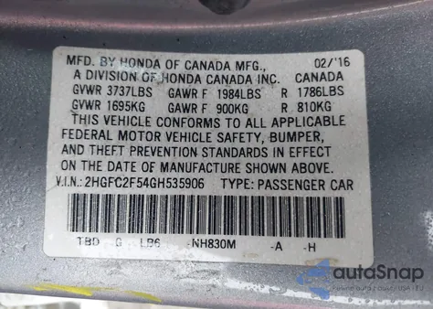 2016 Honda Civic Lx from USA, damaged, VIN 2HGFC2F54GH535906